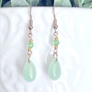 New Mint Green Pastel Glass Teardrop Dangling Earrings Handmade Water Droplet